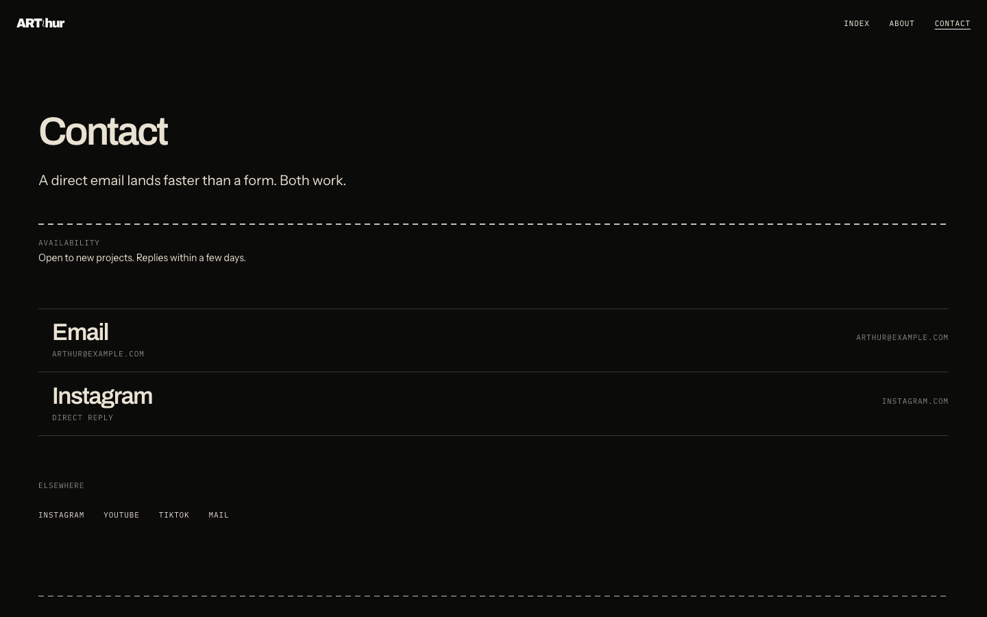 ART'hur contact page with direct paths first