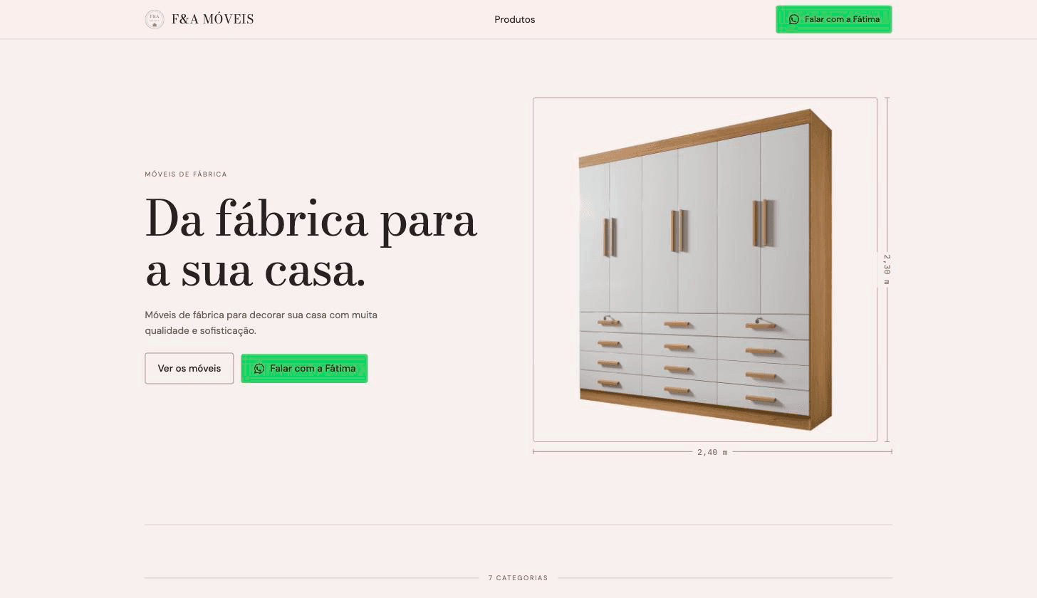 F&A Móveis homepage hero with the Roupeiro Mônaco Plus and its real 2,30 × 2,40 m dimension lines