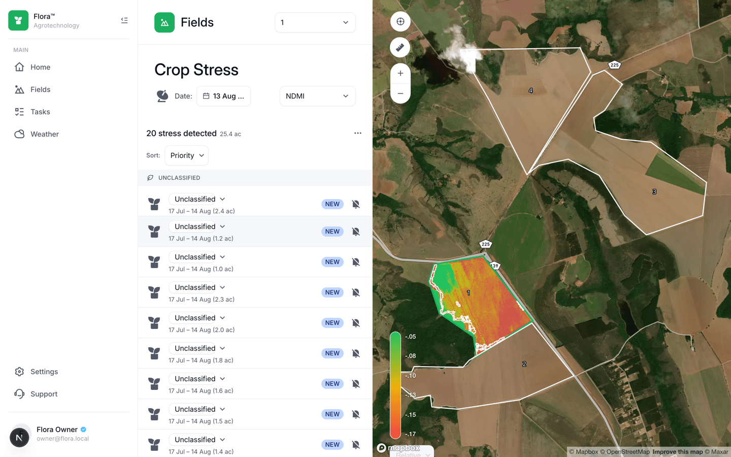 Flora Crop Stress screen reading NDMI over a real field boundary