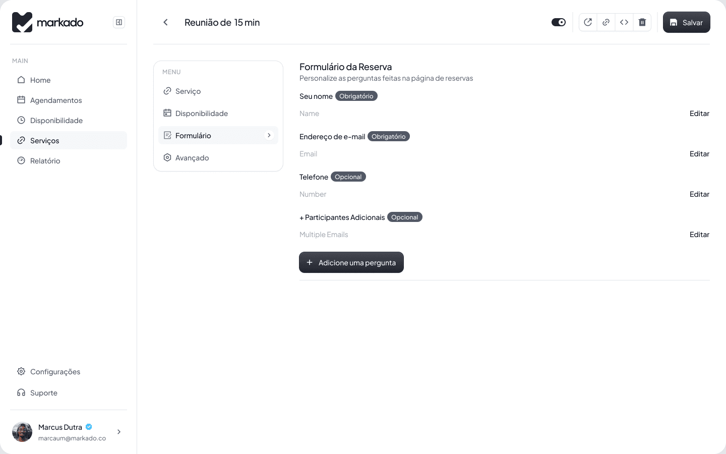 Markado booking form question editor