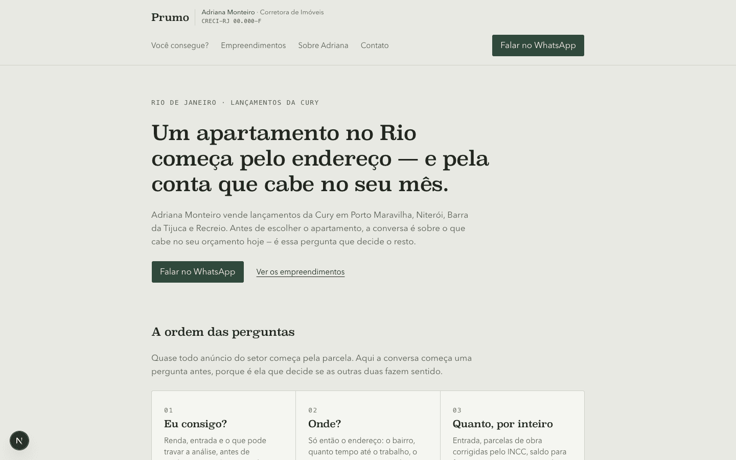 Prumo homepage stating the credit-before-apartment order