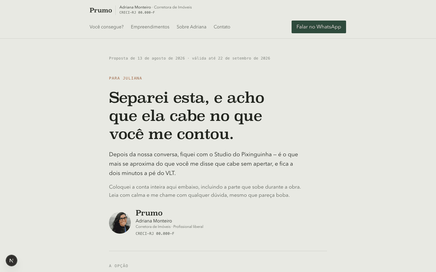 Prumo shared proposal page, a personal letter with frozen commercial numbers
