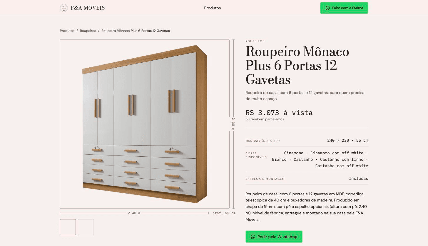 F&A Móveis product page for the Roupeiro Mônaco Plus, showing L × A × P measurements and the WhatsApp CTA