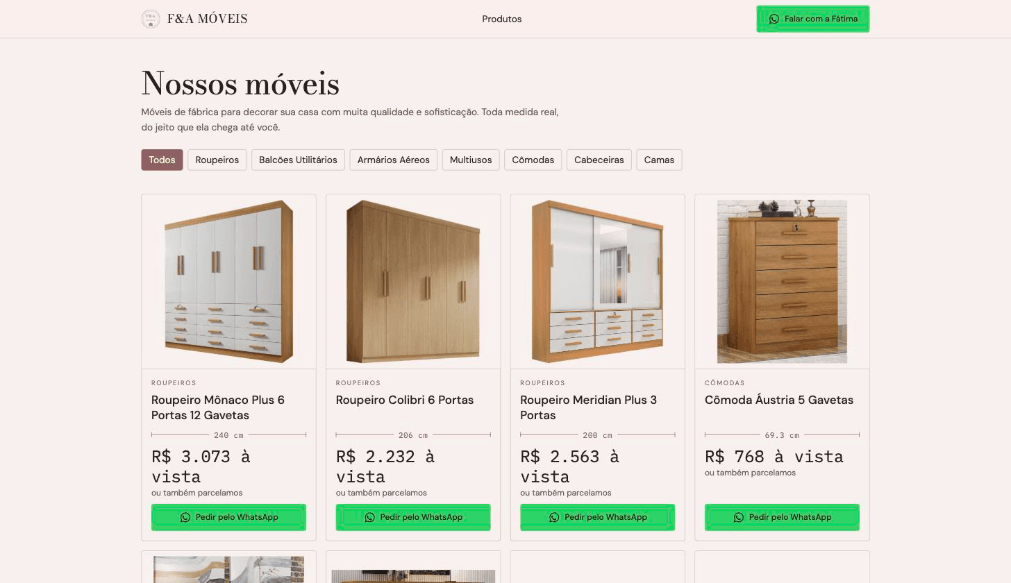 F&A Móveis /produtos catalogue with category filters and real measurements on every card