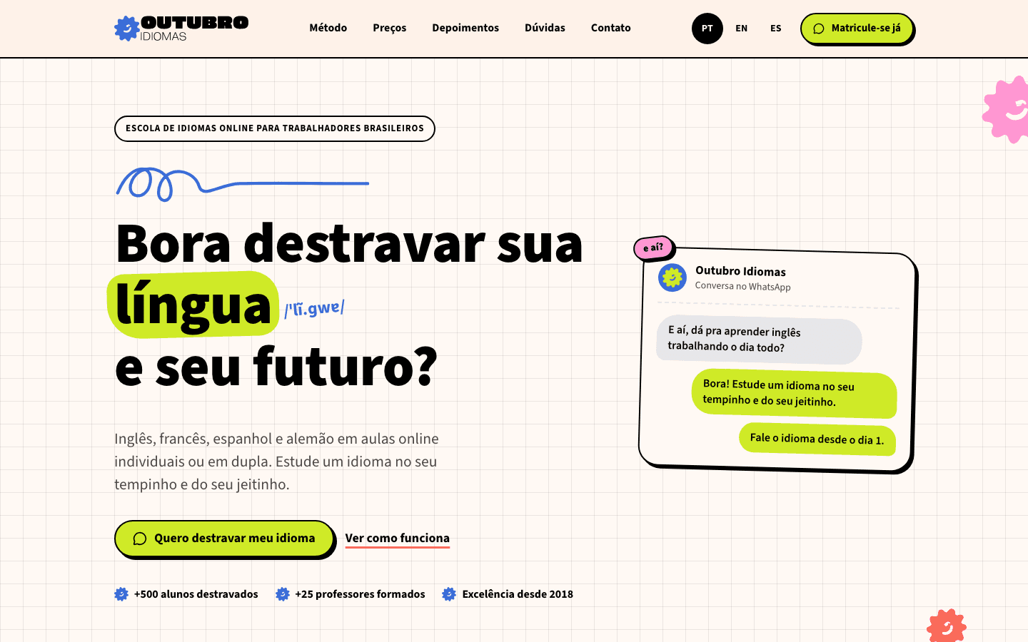 Outubro Idiomas home: 'Bora destravar sua língua e seu futuro?' beside a WhatsApp-style conversation card