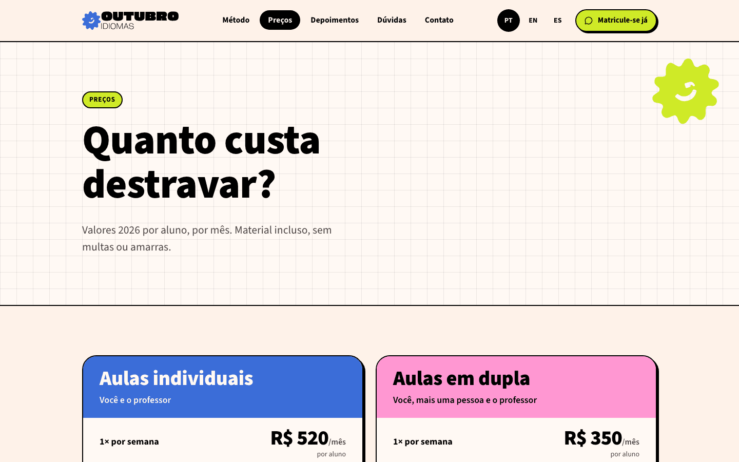 Pricing page: individual and paired classes, monthly price per student