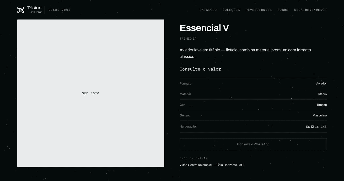 Trísion product page showing the honest 'sem foto' empty state instead of a stock photo