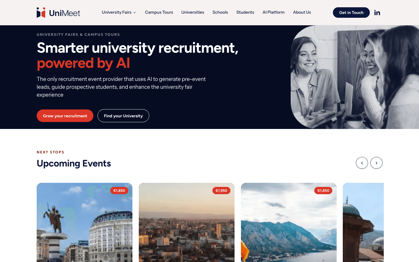 UniMeet home in the proposed v2 design: a recruitment hero beside the next fair tour card (proposal; v1 is live)