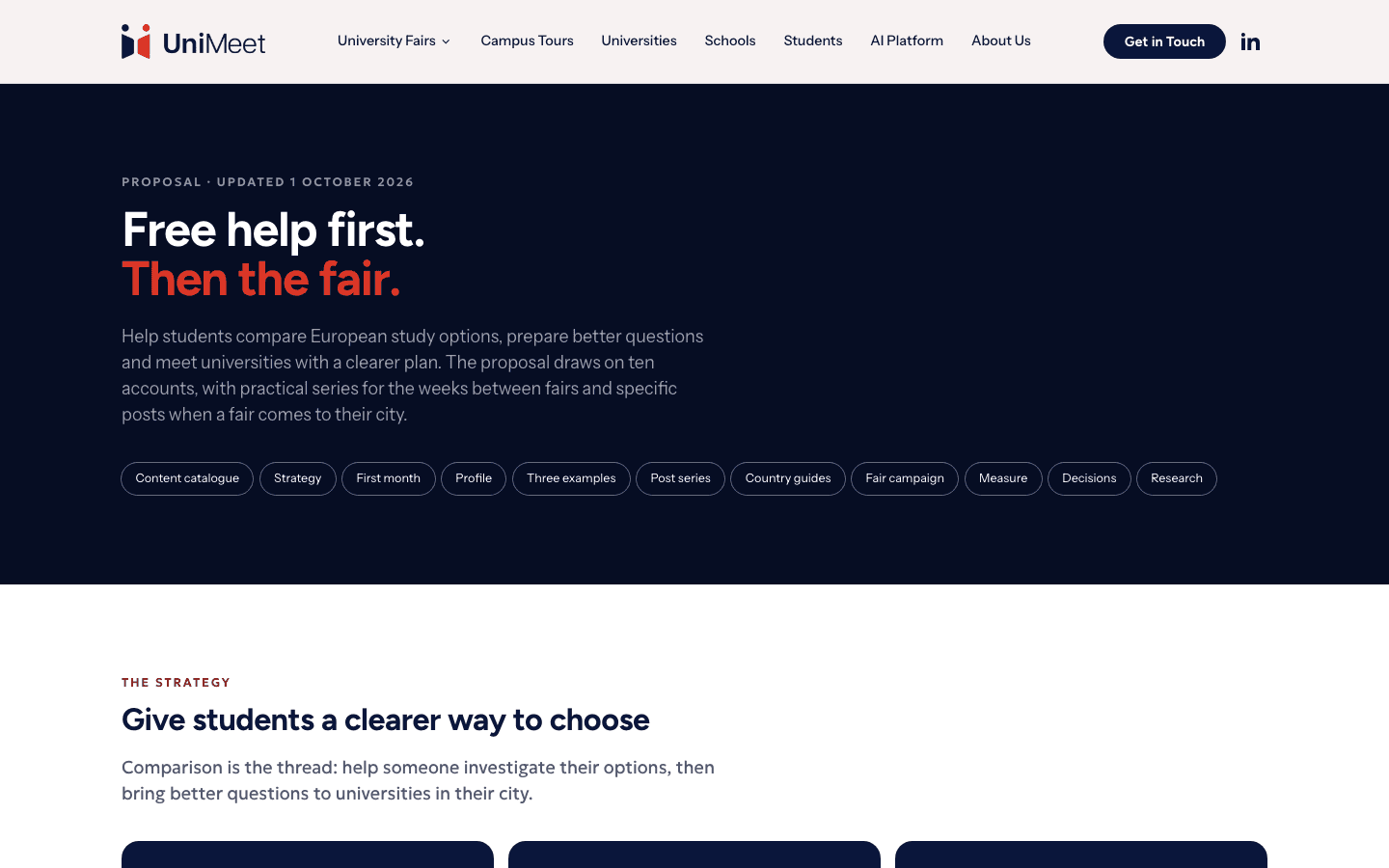 UniMeet's Instagram plan page: research, strategy and the first posts, rendered from the CMS