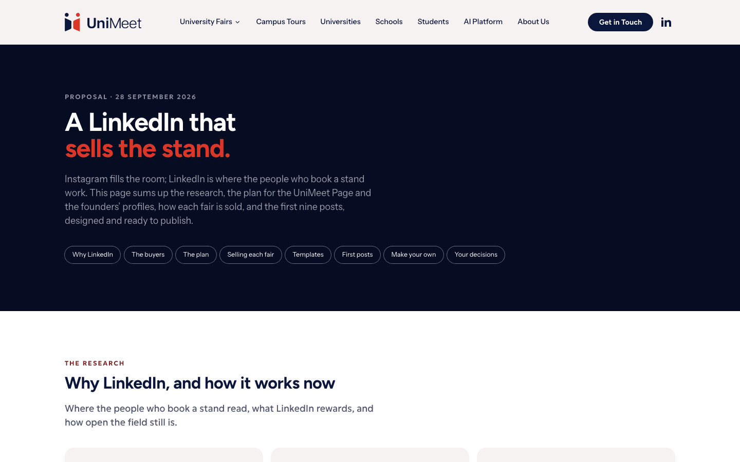 UniMeet's LinkedIn plan page: the buyer-side companion to the Instagram plan