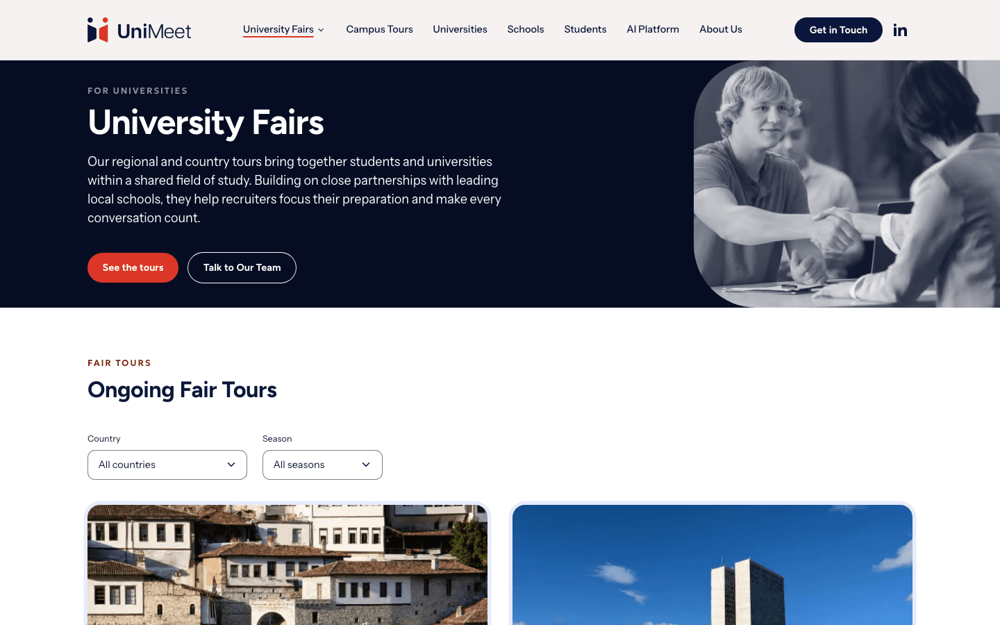 University fairs index in the proposed v2 design, filterable by country and season (proposal)